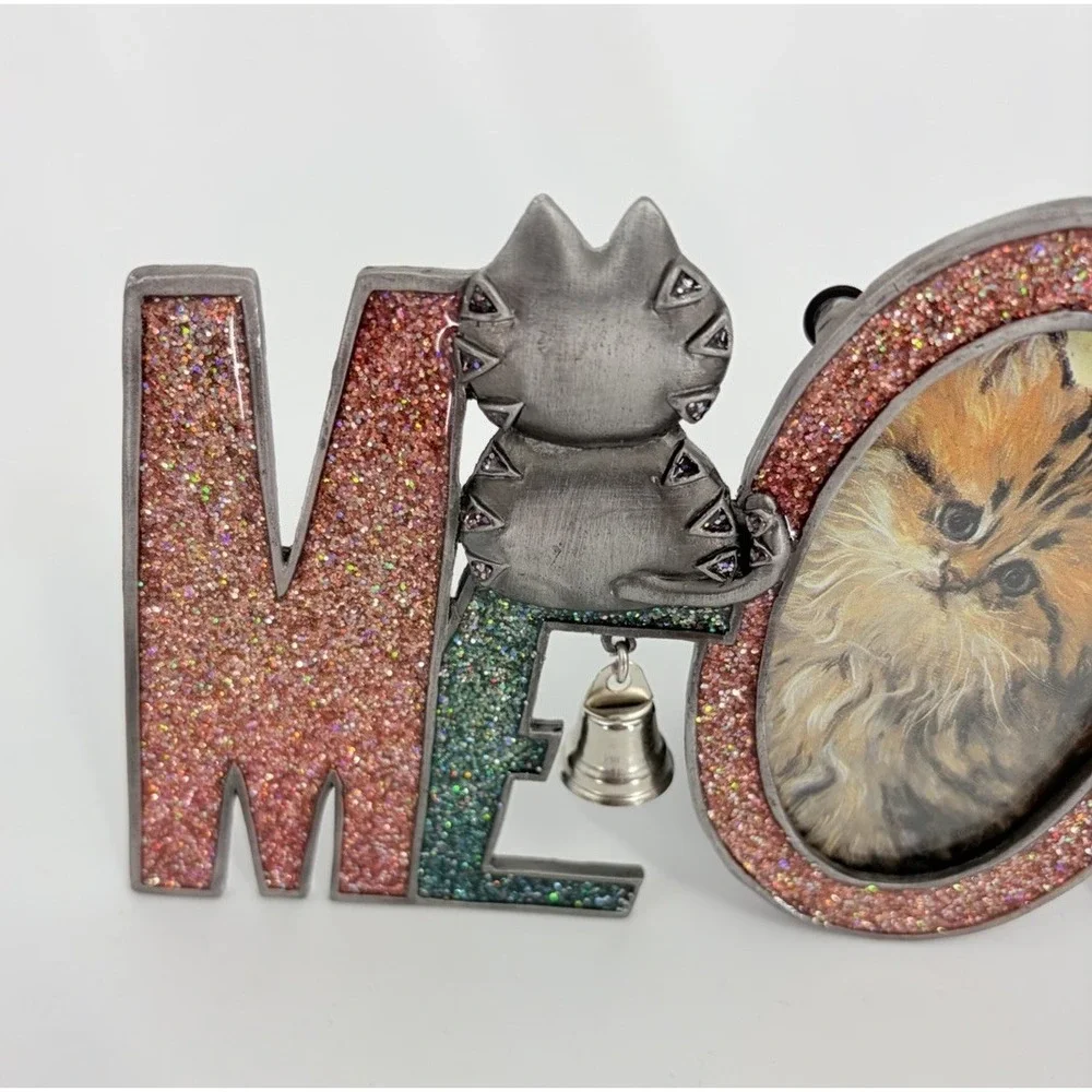 MEOW Cat Kitten Picture Frame Bell Silver Metal Glitter Oval Pewter Vintage
